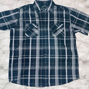 Beverly Hills Polo Club Short Sleeve Button Up Black Gray Plaid Mens XL Workwear